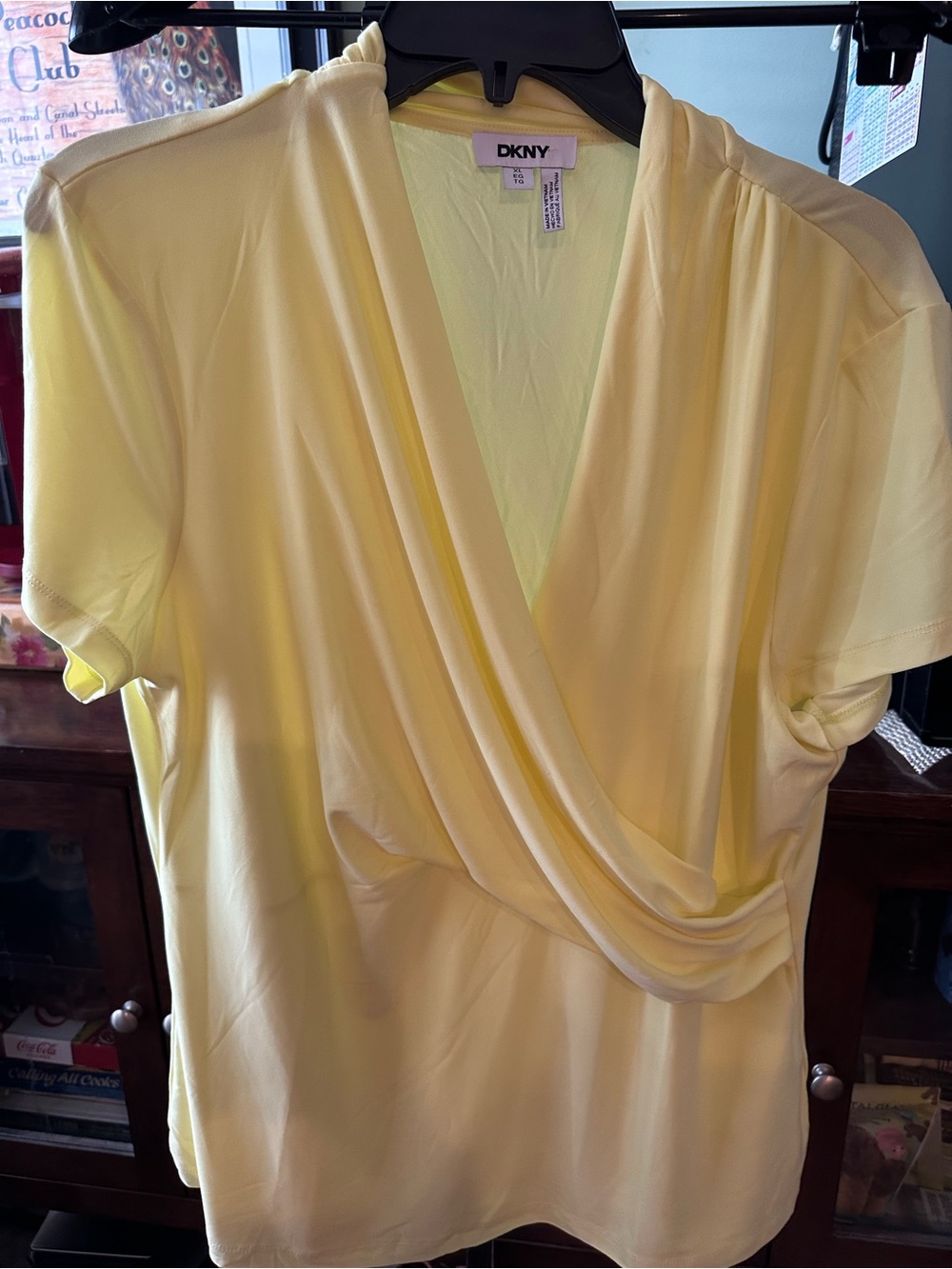 DKNY Pale Yellow Draped Surplice Short Sleeve Blouse